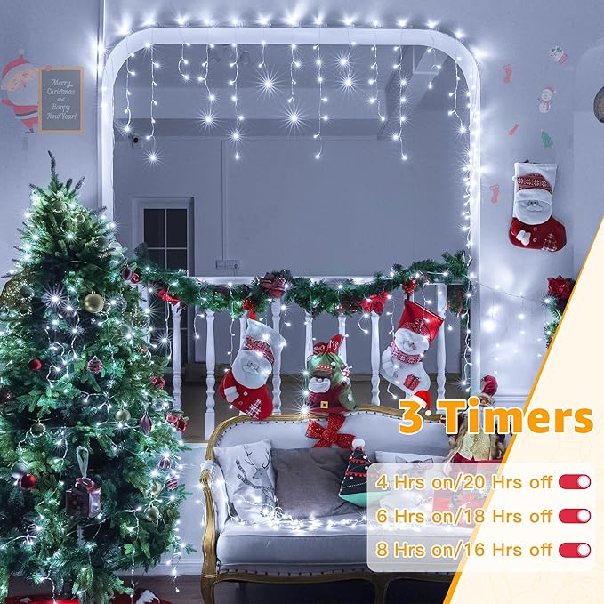 Ollny Icicle Lights Outdoor Cool White 600LED 49FT Christmas Lights with Remote 8 Modes Dimmable Waterproof Connectable Timer Hanging Light for House Outside Yard Indoor Decorations