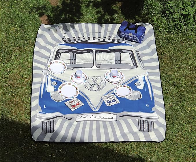 BRISA VW Collection - Volkswagen Picnic Cuddle Throw Blanket T1 Bus Campervan (Samba Stripes/Blue/200x150cm/59x78.7 in.)