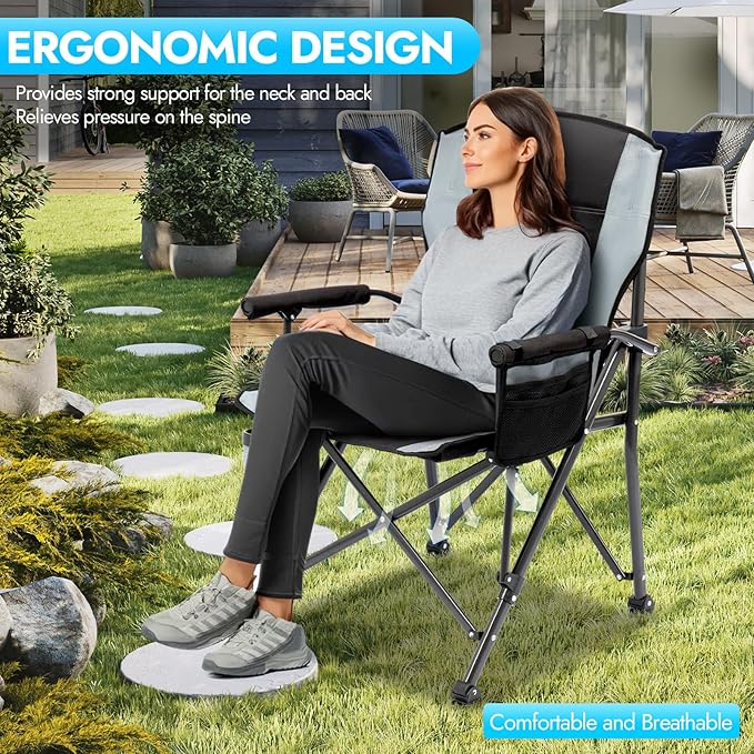 Oversized Folding Camping Chair for Adults Supports 450 LBS Camping Chairs Heavy Duty Camping Chair with Side Pockets Foldable Outdoor Chair for Camping Beach Fishing Hiking Black-Gray