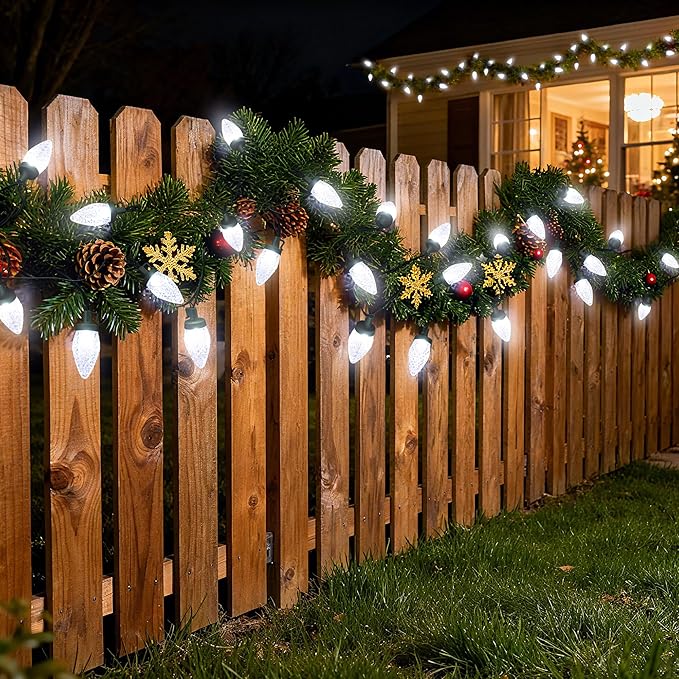 C9 LED Christmas Lights Outdoor33 Feet 50 LED 8 Lighting Modes Waterproof Connectable Christmas String Lights for Outside Roofline Patio Home Xmas Decorations (Cool White)