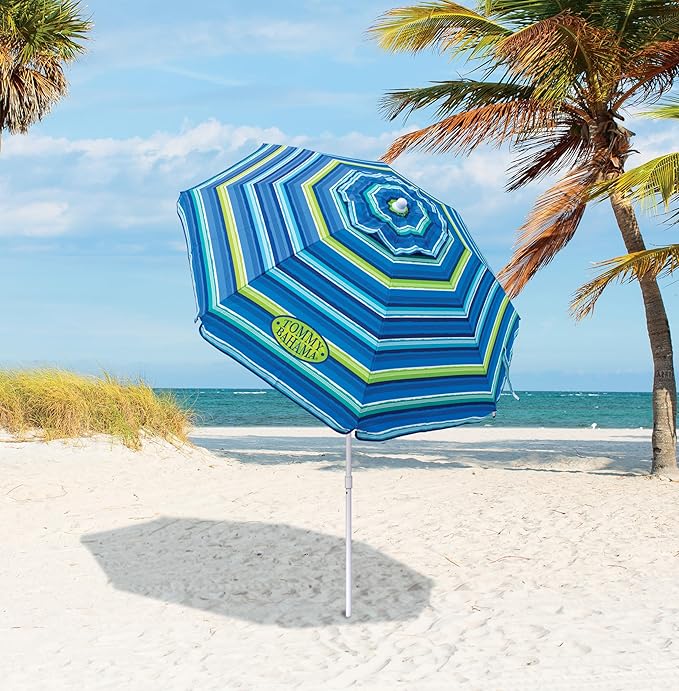 Tommy Bahama 6' UPF 50+ Tilt Beach Umbrella with Integrated Sand Anchor Wind Vent and Carry Bag