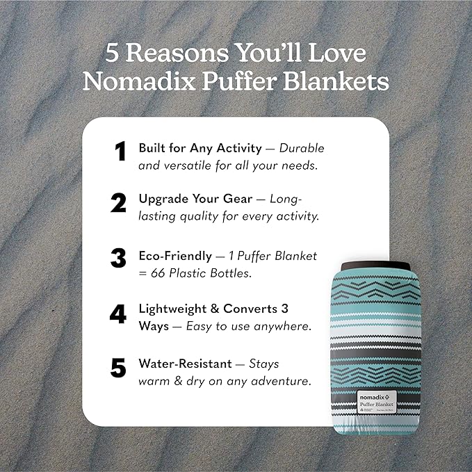 Nomadix Puffer Blanket – Water-Resistant Eco-Friendly Insulated Blanket with Snaps for Camping Beach and Travel Made from Recycled Materials