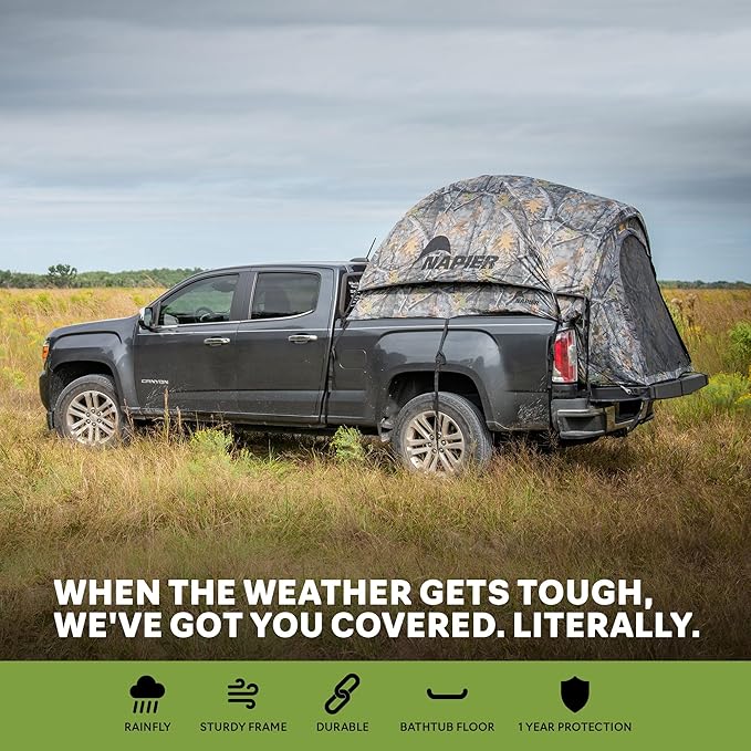 Napier Backroadz Camo Truck Tent | Pickup Truck Bed Camping Tent | Rainfly for Water Protection | Sturdy and Spacious 2-Person Truck Tent | Easy 10-Minute Setup | Camouflage