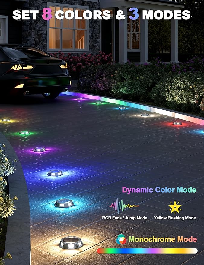 VOLISUN Solar Driveway Dock Deck Markers Marine Lights 8 Pack9 Colors in 1 Led IP67 Waterproof Outdoor Warning Step Lights for Driveway Sidewalk Walkway Pathway RGB