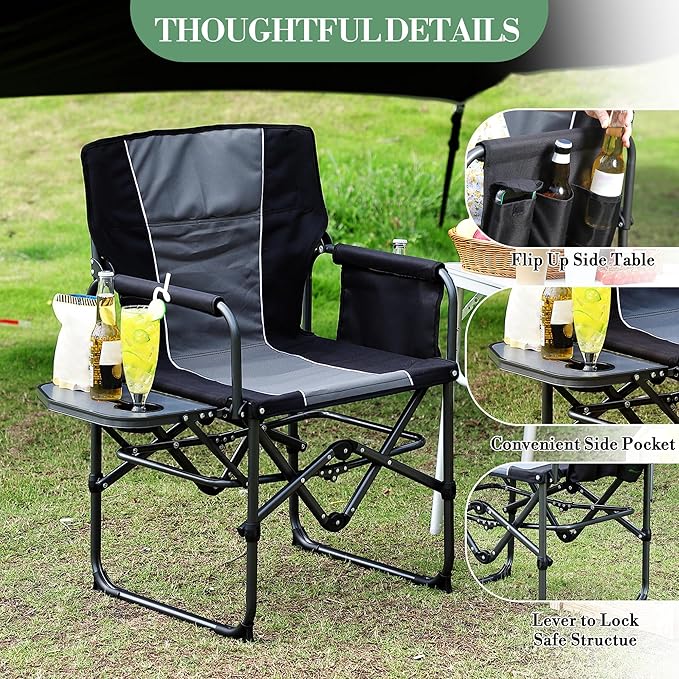 Folding Camping Chairs for Adults Portable Lawn Chair with Side Table Side Pocket &amp Beverage Holder Heavy Duty Director Chair for Outside Rv Beach Yard Garden Deck