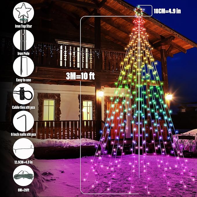 Flacchi Outdoor Star String Lights - Pole Set with Remote Multiple Lighting Modes Timer and Waterproof Feature for Ultimate Holiday Decor (RGB 10 FT/408LED)