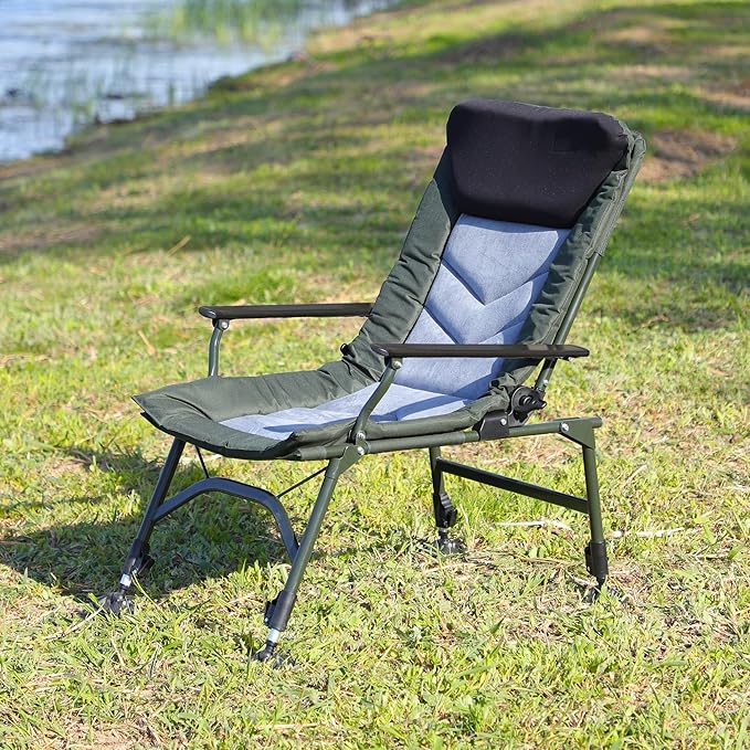 Camping Lounge Chair Portable Folding Reclining Camping Chair with Adjustable backrest for Indoor and Outdoor Camping Beach Hiking Fishing Green+Black+Grey