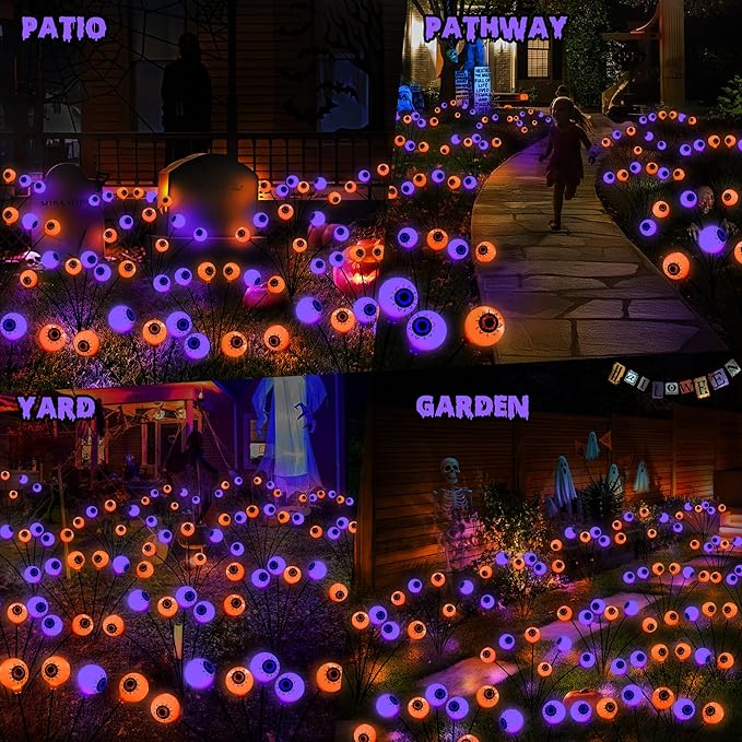 BrizLabs 6 Pack 36 LED Halloween Solar Eyeball Lights 2 Modes Outdoor Halloween Pathway Lights Solar Spooky Path Light Waterproof Swaying Firefly Lighting for Yard Garden Lawn Orange &amp Purple
