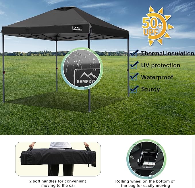 KAMPKEEPER One Person Setup 10x10 Pop up Canopy Tent Instant Portable Canopy One Push Outdoor Canopy with 3 Adjustable Heights Wheeled Carry Bag Bonus 8 Stakes and 4 Ropes(Black)