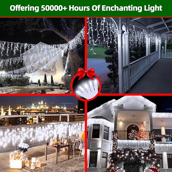 1296 LED Outdoor Christmas Lights with 288 Drops 131FT ChristmasLights with 8 Modes Timer Christmas Twinkly Lights IP44 Waterproof for Eaves Yard Room Holiday Wedding Party Decor(Cool White)