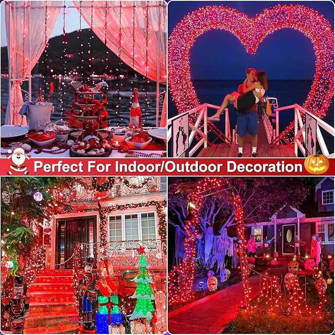 100FT 300 LED Christmas Lights Outdoor Plug in String Lights for Outside Waterproof with 8 Modes Connectable Green Wire Fairy Twinkle Lights for Indoor Patio Garden Xmas Holiday Decorations Red