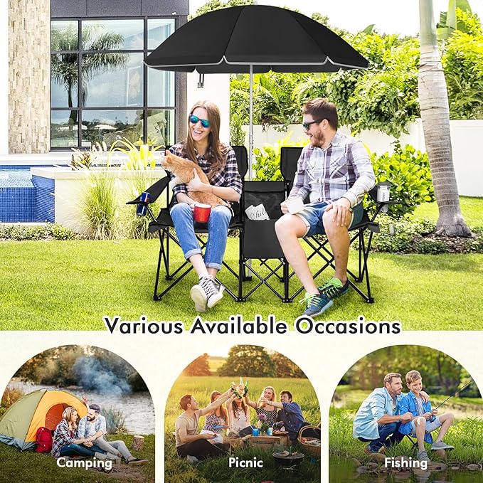 MAT EXPERT Folding Double Camp Chair w/Removable Umbrella Portable Picnic Chair w/Mini Table Chair Set w/Beverage Holder Portable Loveseat Camp Chairs for Beach Backyard Poolside (Black)