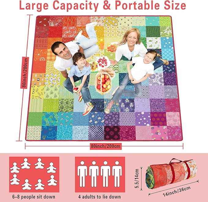 Extra Large Picnic Blankets Waterproof Foldable (80x 80) Boho Beach Blanket Waterproof Sandproof3-Layer Thicking Mat Outdoor Packable Camping Blanket