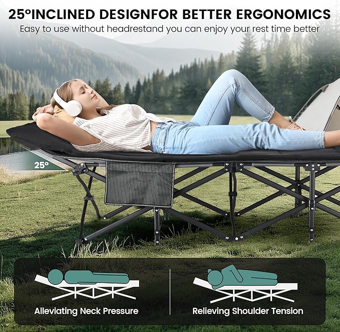 Oversized XXL Folding Camping Cot W/Mattress 75 L x 27.5 W x 14 H Heavy Duty Portable Cot for Adults with Carry Bag – Durable 1200D Oxford Fabric for Camping Travel Home or Office