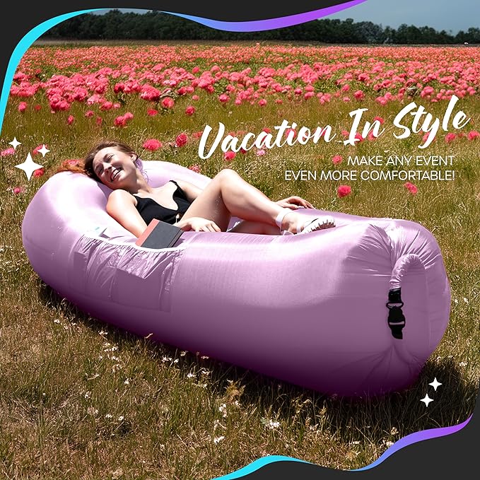 Nevlers Lavender Inflatable Lounger | 210T Polyester Air Sofa | No-Pump Blow Up Couch | Inflatable Lounge Chair w/ 450lbs. Cap. Pockets &amp Matching Bag | Use as Inflatable Couch for Camping &amp