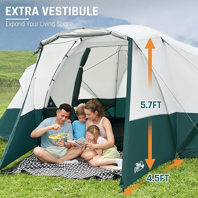 8/10/11 Person Camping Tent with Porch Large Family Tents for Camping PU1000MM Waterproof Tent with 5 Mesh Windows Removable Rainfly Reflective Windproof Rope Big Dome Tent Fits 3 Queen Airbeds