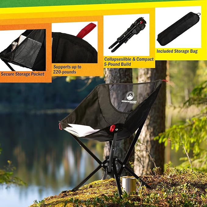 Portable Camping Chair - Compact Foldable and Lightweight Backpacking Chair with Carrying Bag - Backpacking Gear for Picnic Camp Hiking and Outdoor Field Use by Wakeman (Black)