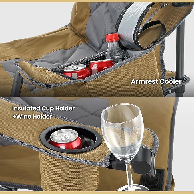 ARROWHEAD OUTDOOR Deluxe Folding Camp Chair – 550lb Capacity Heavy-Duty Quad Chair with Integrated Cooler Headrest and Dual Cup Holders.