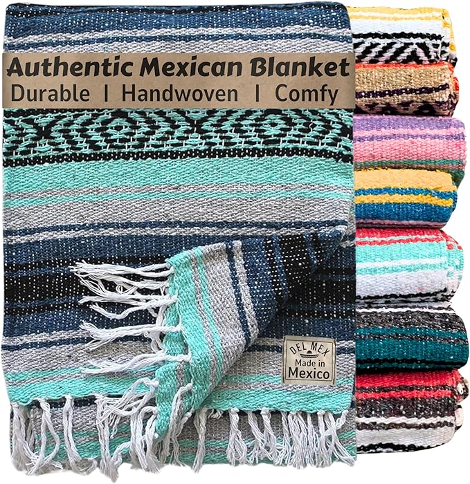 Del Mex Classic Mexican Blanket Large Authentic Woven Falsa Throw (70x50) Artisan Southwest Décor for Beach Yoga Outdoors (Navy/Mint)