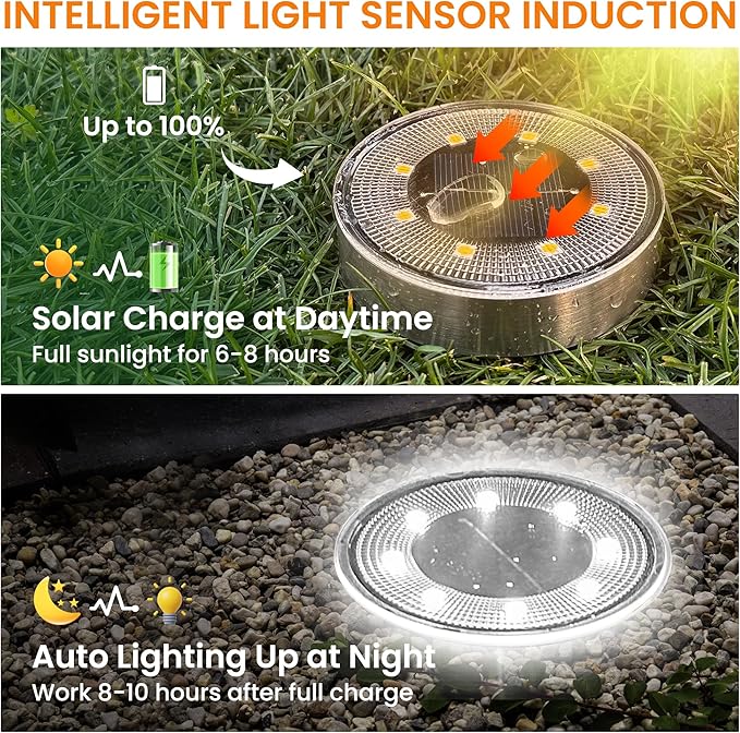 Siatom Stainless Steel Solar Ground Lights 8 Pack IP68 Waterproof Solar In-Ground Light for Outdoor Flat Landscape Lighting Garden Disc Light for Pathway Walkway and Yard - 8 Pcs (Cold White)