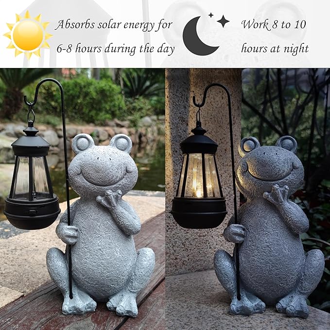 Frog Solar Garden StatuesResin Frog Figurine Decorations with Solar Lights Lantern Outdoor Figurines Lawn Garden Statue Decor Art for LawnYardBalcony OrnamentGift for Home Mom.