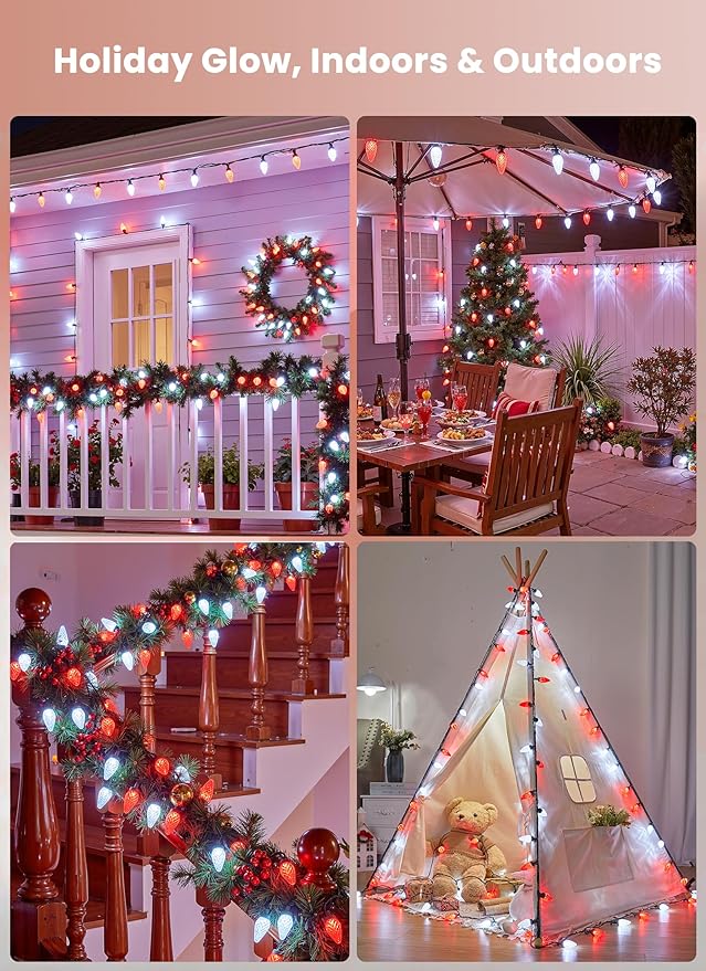 C9 LED Christmas Lights Outdoor 81 Feet 100 LED String Lights with Timer &amp 8 Light Mode Waterproof Commercial Grade Christmas Tree Lights for Outside Indoor Roofline Patio Decor Red &amp Pure