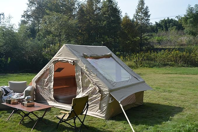 Inflatable Camping Tent Easy Setup 4 Season Glamping Tent Inflatable Structure 4-6 Persons Waterproof Windproof Outdoor Self-Supporting Blow up Tent Air Tent Portable House Beige