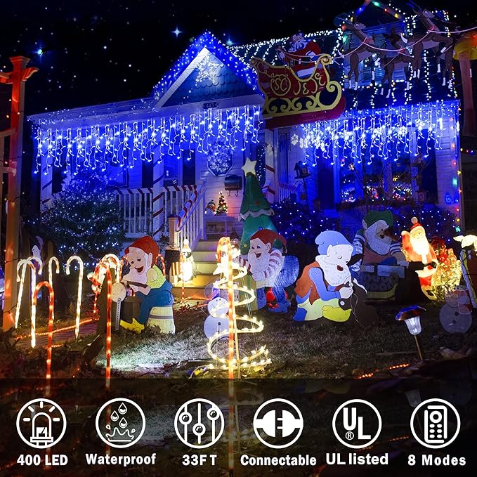 KNONEW Christmas Lights Outdoor Decorations 400 LED 33ft 8 Modes Curtain String Light with 75 Drops Clear Wire LED Fairy Light Indoor Decor for Wedding Party Christmas Decorations(Blue)