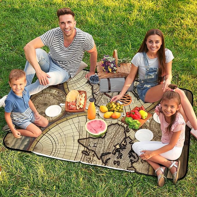 Zipper Ancient Map World Globe Style Picnic Mat Suitable for Travel Camping Park Or Home Use