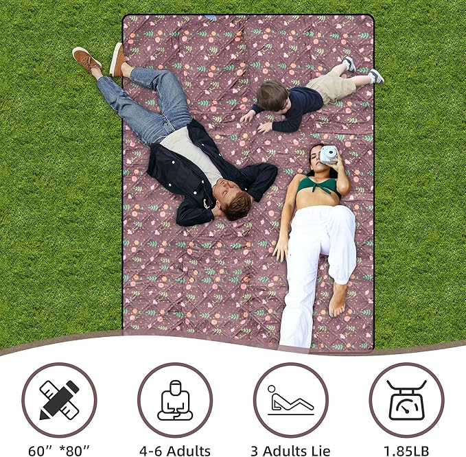 Outdoor Cute Picnic Blanket Brown Floral 60x80 Sandproof Beach Blanket Waterproof Picnic Blankets Foldable for Caming Beach Outdoor Activities.