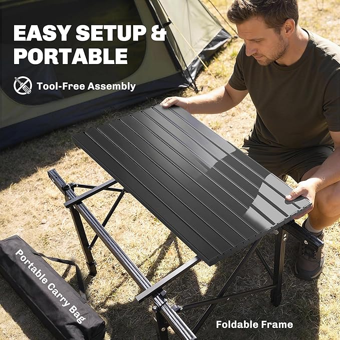 Outsunny 3ft Portable Camping Table with Storage Bag Adjustable Height Aluminum Small Folding Table Lightweight Picnic Table with Carry Bag for Outdoor Picnic BBQ Backyards Beach Black