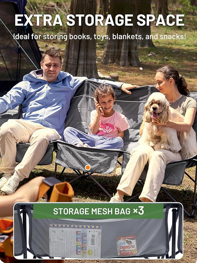 Timber Ridge 3 Person Camping Chair Supports to 1050lbs Portable Camp Couch Padded Camping Chairs Outdoor Oversized Folding Loveseat Perfect for Campsites Patio/Lawn Soccer Games Grey