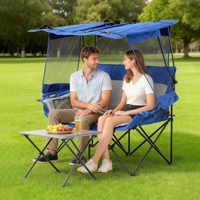 Double Camping Chairs with Canopy Shade Folding Beach Chair Heavy Duty Oversized Outdoor Padded Loveseat Chair 2 Person with Removable Roof Cup Holders Side Pockets Portable Carry BagBlue