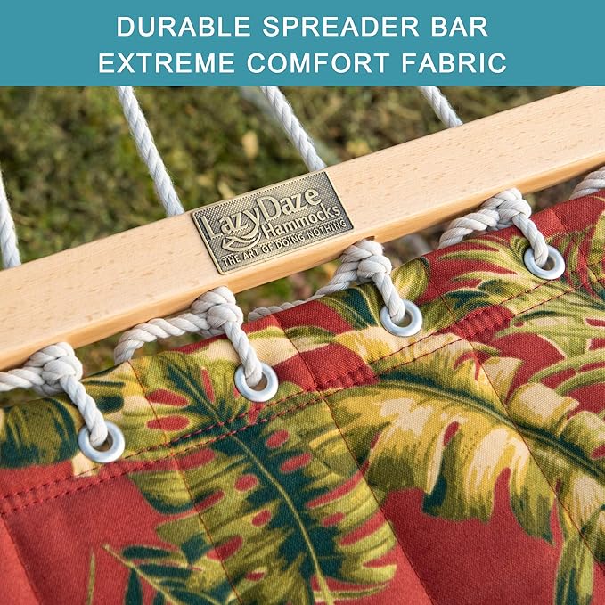 Lazy Daze Hammocks 12FT Quilted Fabric Hammock with Soft Pillow Double 2 Person Tree Hammock with Spreader Bar for Outside Patio Poolside Backyard Beach 450 lbs Capacity Red Leaf