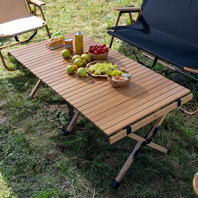 Folding Camping Table Beech Wood Portable Lightweight Roll-up Picnic Table with Carrying Bag for Outdoor Backyards BBQ Beach Party Patio(Natural Wood &amp Big)