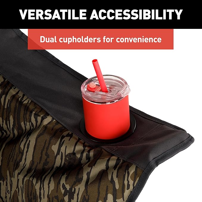 Lippert Mossy Oak Original Bottomland Camo Big Bear Padded Camping Chair with 400-lb. Weight Capacity Durable Mesh Fabrics Dual Cupholders Wine Glass Holder Carrying Bag - 2023053730