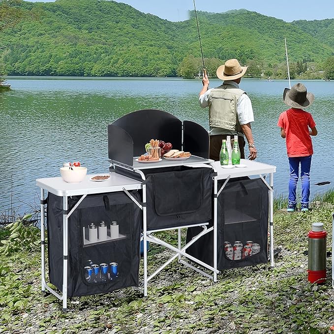 Aluminum Portable Camping Kitchen Fold Up Cooking Table with Windscreen and 3 Enclosed Cupboards for BBQ Party Picnics Backyards