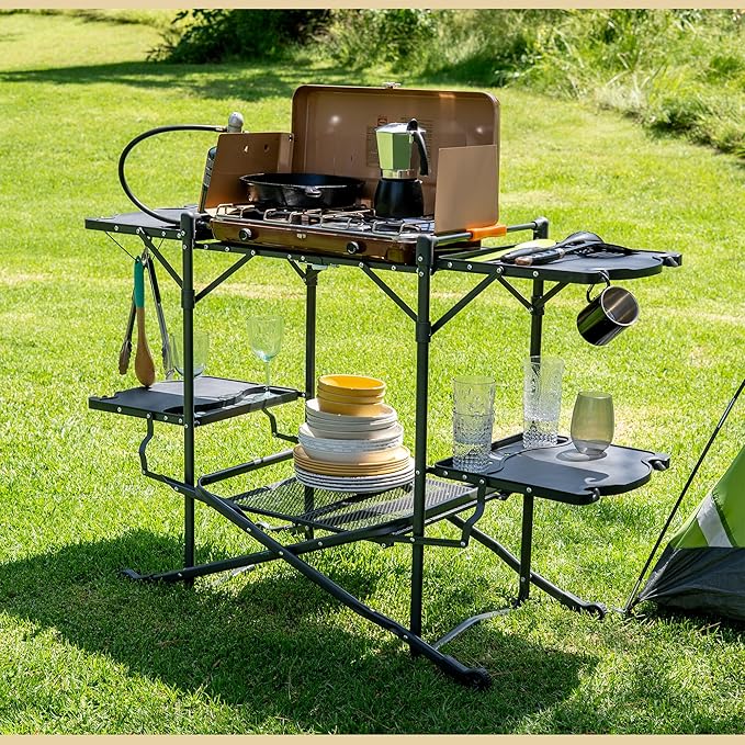 ARROWHEAD OUTDOOR 54 Wide Quick Folding Kitchen Station with Add-on Windscreen 4 Side Tables Aluminum Tabletop Tool-Hanging Cord 154 LBS Max Weight Load for Patio BBQ and Camping