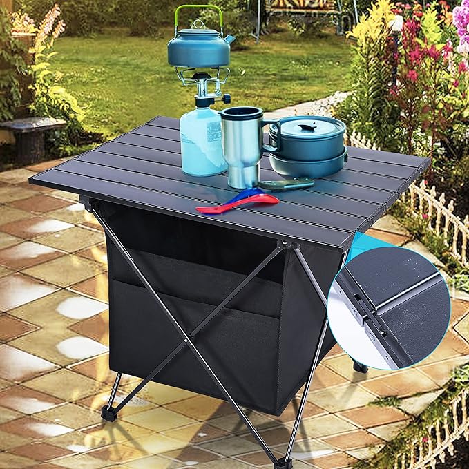 Portable Folding Aluminum Alloy Camping Table with High-Capacity Storage and Carry Bag Medium Size for Camping Traveling Hiking Fishing Beach BBQBlack