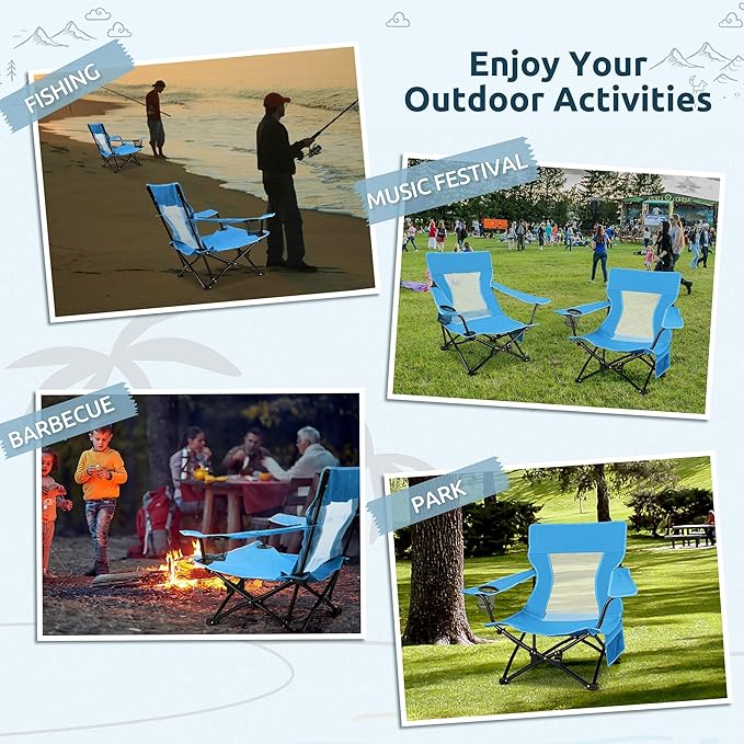HaSteeL Folding Beach Chair Set of 3 Foldable Blue Camping Chairs &amp Grey Table for Outside Low Beach Chair Portable for Adults Fishing Picnic Outdoor BBQ Travel Sports Cup Holder &amp Stor