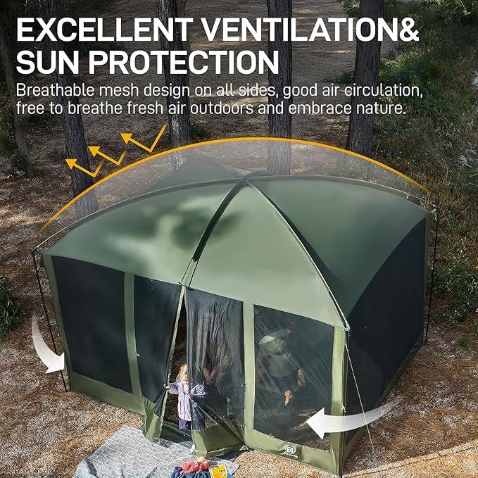 EVER ADVANCED Magnetic Screen House Room 11x9ft Hands-Free EntryScreenhouse with Sun Protection for Camping&ampPicnic 11x9ftCamping Tent Canopy Shelter with Mesh Green