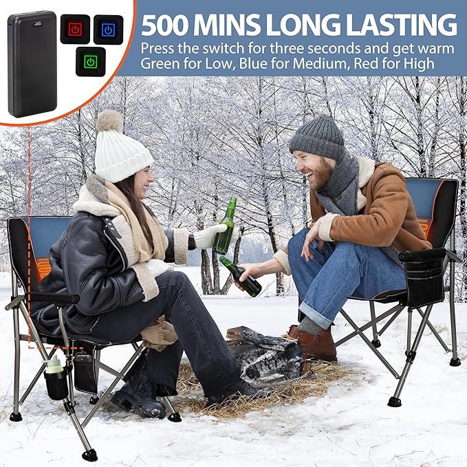 Heated Camping Chair with 20000 mAh Battery Loog-Lasting for 500 Mins Fully Padded Heated Camp Chairs Heavy Duty Folding Chairs Supports 500 lbs for Winter Camping Picnics Tailgating RV Travel