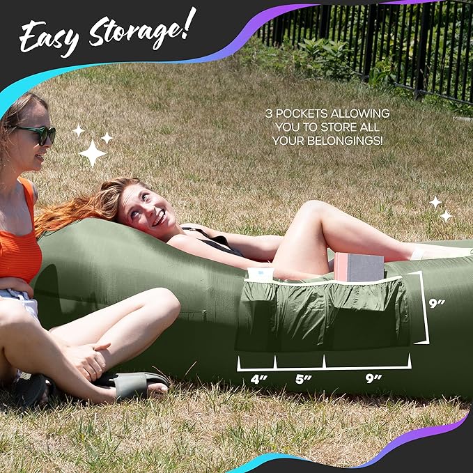 Nevlers Military Green Inflatable Lounger | No-Pump Blow Up Couch | 210T Polyester Outdoor Lounger for Use as Music Festival Essentials | Air Couch Inflatable Chair for Kids w/ 450 lbs. Capacity
