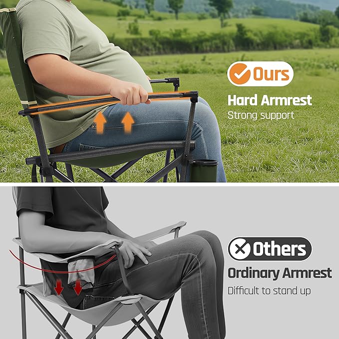 Oversized Folding Camping Chairs for Adults Heavy Duty Camp Chair Support 400 LBS Steel Frame Metal Arm Lawn Chairs with Swivel Cup Holder &amp Hollow Backrest Extra Large Outdoor Chairs Green