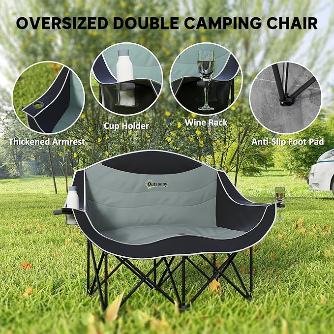 Outsunny Double Camping Chair for Adults Padded Folding Camp Chair for 2 Person with Armrest Wine Glass Holder Cup Holder Carry Bag for Outdoor Sports Picnics Supports up to 552 lbs.