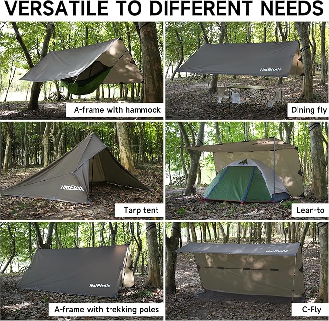 Camping Tarp by NatEtoile - Versatile 10X10 ft Portable Rain Fly for Hammock with 19 Tie-OutsPU 5000mm Waterproof Sunproof Tarp Shelter - Ideal for Camping Hiking Backpacking and Hammock Cover