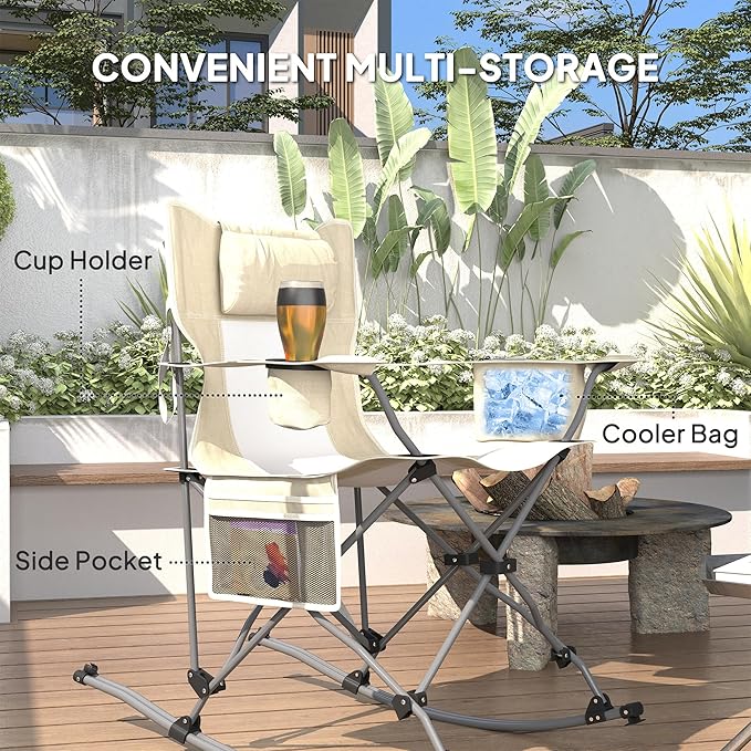 Outsunny Folding Rocking Camping Chairs for Adults Portable Outdoor Rocking Chairs with Headrest Cooler Bag Cup Holder Carry Bag for Picnic Outside and Outdoor Travel 2 Pack Cream