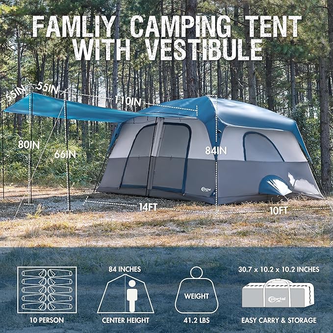 PORTAL 6 | 8 | 10 Person Family Camping Tent with Porch Big Family Camping Tent with Tall Height Good Ventilation Water Resitant Large Tent for Outdoor Camping Backyard
