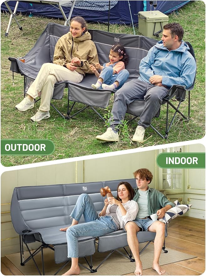 Timber Ridge 3 Person Camping Chair Supports to 1050lbs Portable Camp Couch Padded Camping Chairs Outdoor Oversized Folding Loveseat Perfect for Campsites Patio/Lawn Soccer Games Grey