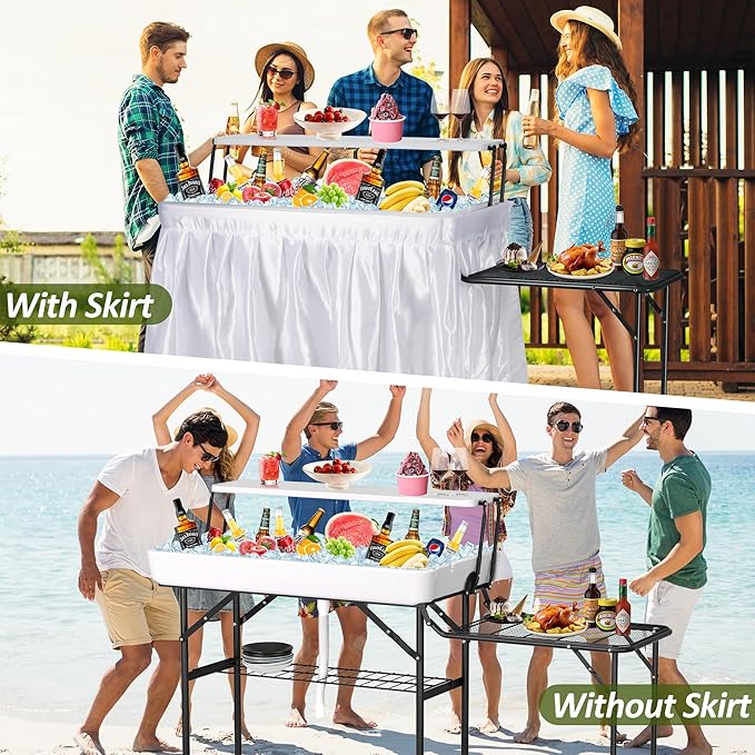 Dragosum Outdoor Ice Cooler Table with Metal Side Desktop Folding Ice Table with Mesh Desktop Portable Bar Drink Cooler Desk‌ with Skirt for Camping Picnic BBQ Party (Black)